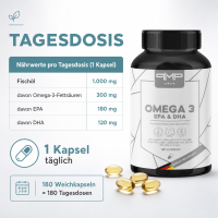 Omega 3  - 180 Weichkapseln mit 1000mg Fischöl pro Kapsel mit EPA 180 mg + DHA 120mg